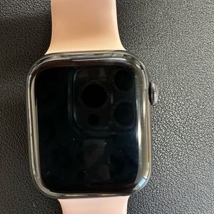 Apple Watch Series 8 45mm graphite stainless steel case and changeable bands.